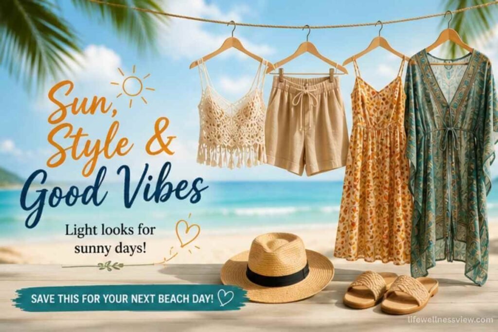 Beach summer outfit collage with crochet tops, sundresses, kaftans, and straw hat vacation vibes
