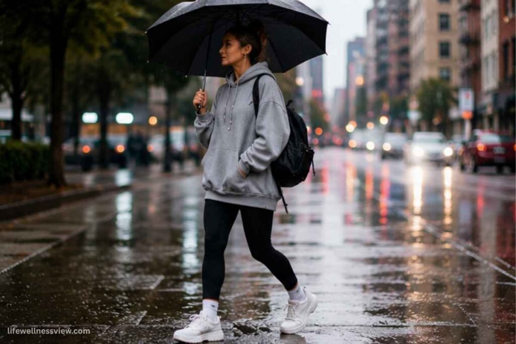 Casual rainy day outfit with hoodie and sneakers