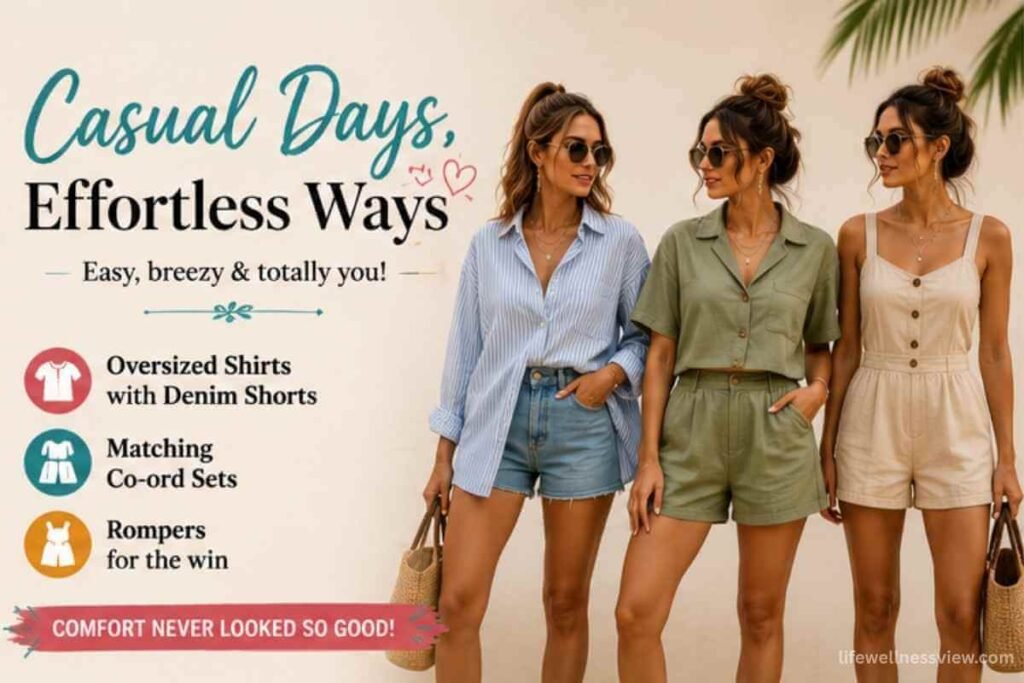 Casual summer fashion image with oversized shirts, denim shorts, co-ord sets, and comfy rompers