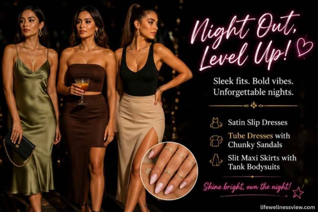 Night party fashion image with satin slip dresses, maxi skirts, gold jewelry, and glam vibes