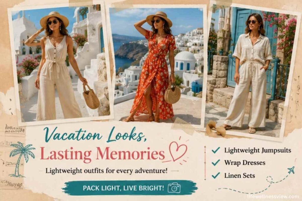 Vacation style collage with lightweight jumpsuits, wrap dresses, and chic linen travel outfits