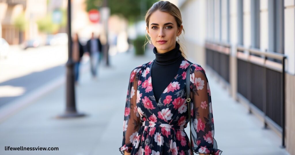 Turtleneck under floral dress for layering