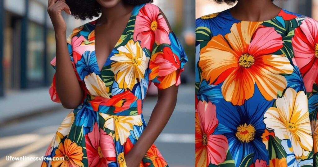 Model in a bold bloom floral dress with oversized flowers, perfect for making a stylish statement.