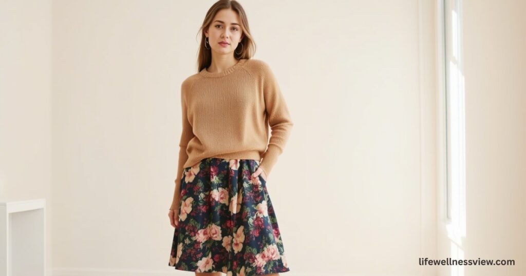 Chunky sweater styled over floral dress