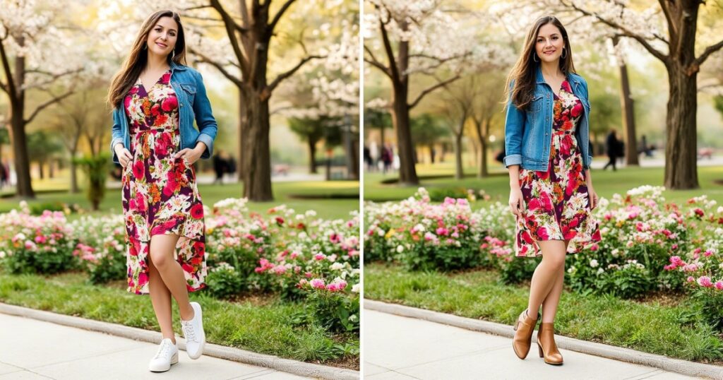 Floral dress with denim jacket outfit
