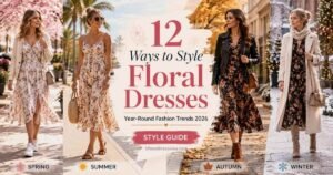 Stylish women wearing floral dresses in spring, summer, autumn, and winter outfits, showcasing year-round floral dress styling trends for 2026 with seasonal layering, fashionable accessories, and modern street-style looks.