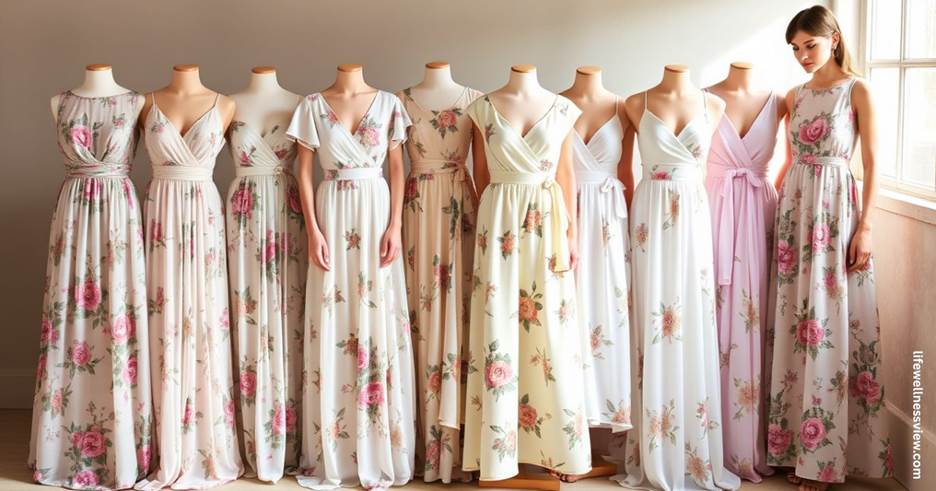 “Afternoon wedding guest dresses in floral prints and lightweight fabrics”