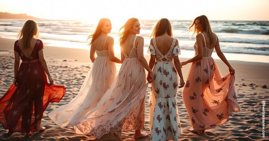 “Boho beach wedding guest dresses in floral prints and tiered skirts”