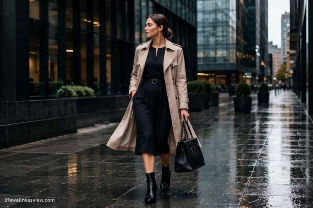 Professional rainy day outfit for work