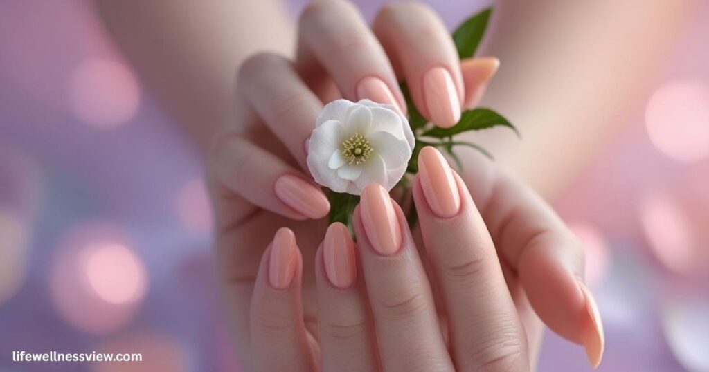 "Peachy pink summer nails, soft feminine manicure trend for weddings and holidays."