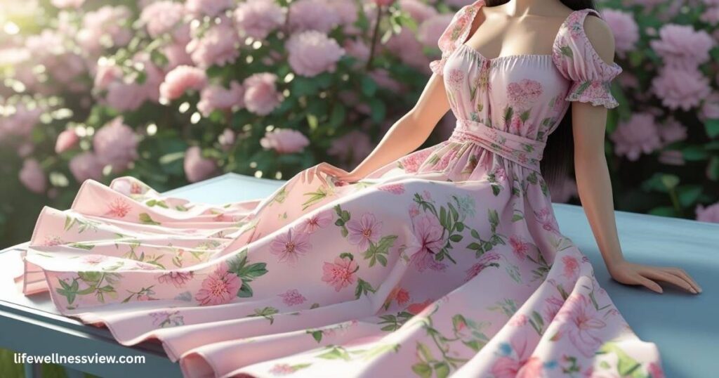Woman wearing a soft pastel floral dress in a blooming garden, radiating a romantic spring vibe.