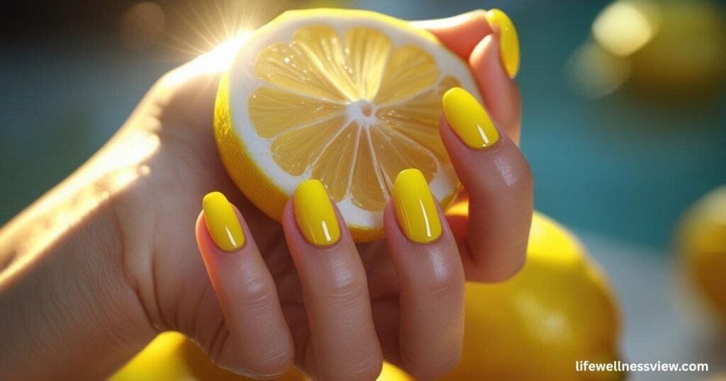 "Sunny yellow summer nails, cheerful nail color idea trending in 2025 fashion."
