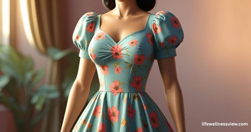 Woman wearing a vintage-inspired floral dress with puff sleeves, exuding classic charm
