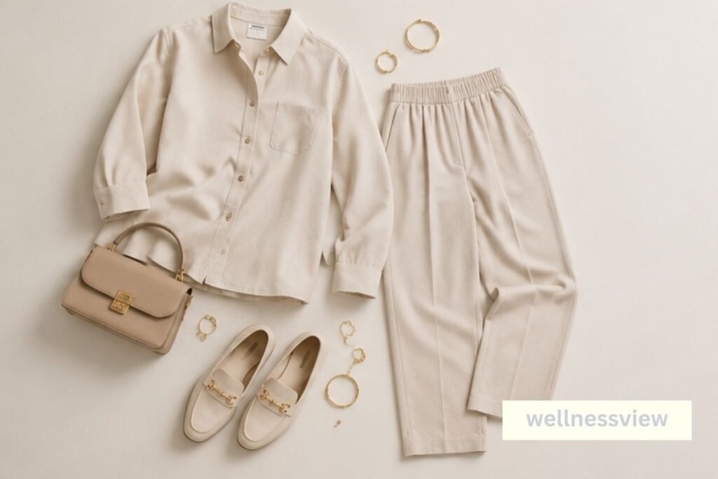 Chic business casual women outfit with a matching co-ord set and loafers in a minimal urban environment