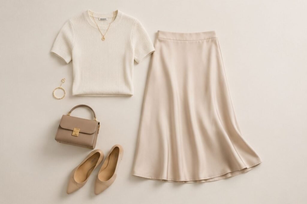 Business casual women outfit featuring a midi skirt paired with a short-sleeve sweater in an elegant city background