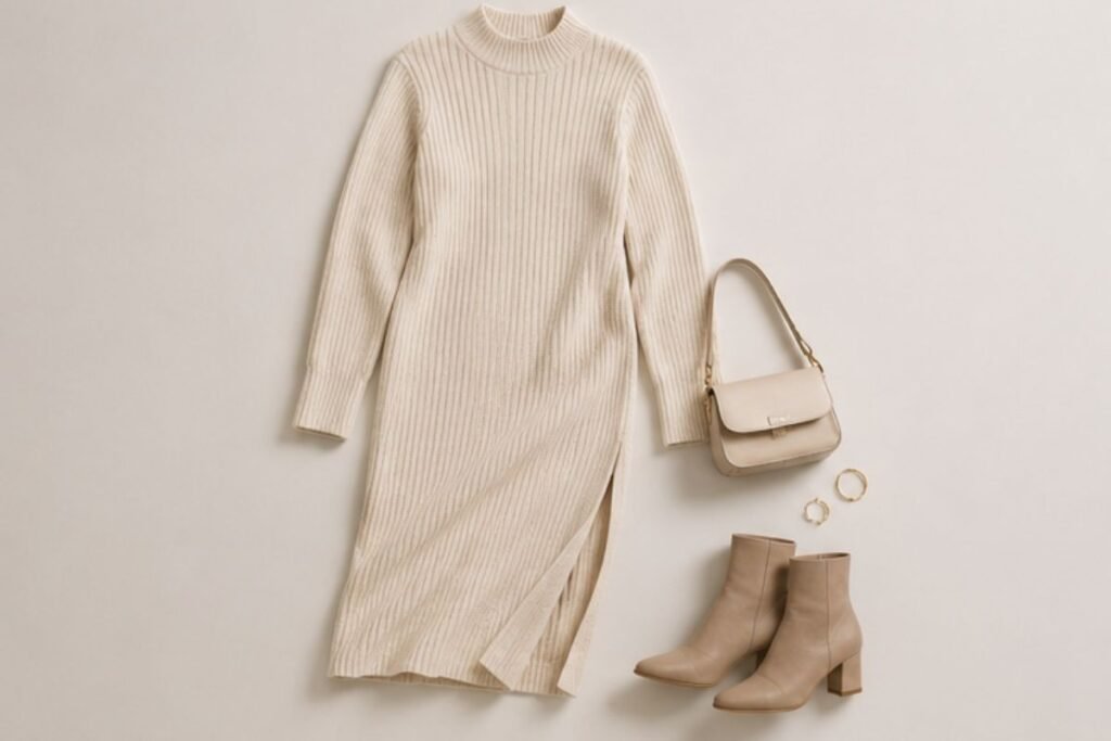 Woman styled in a ribbed knit dress with ankle boots, showcasing a modern business casual outfit outdoors