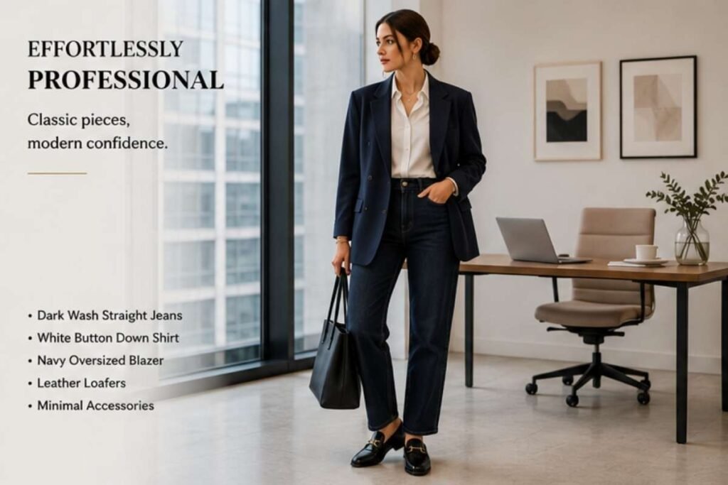dark jeans business casual women outfit for 2026