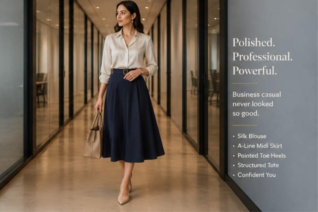 silk blouse business casual women outfit 2026